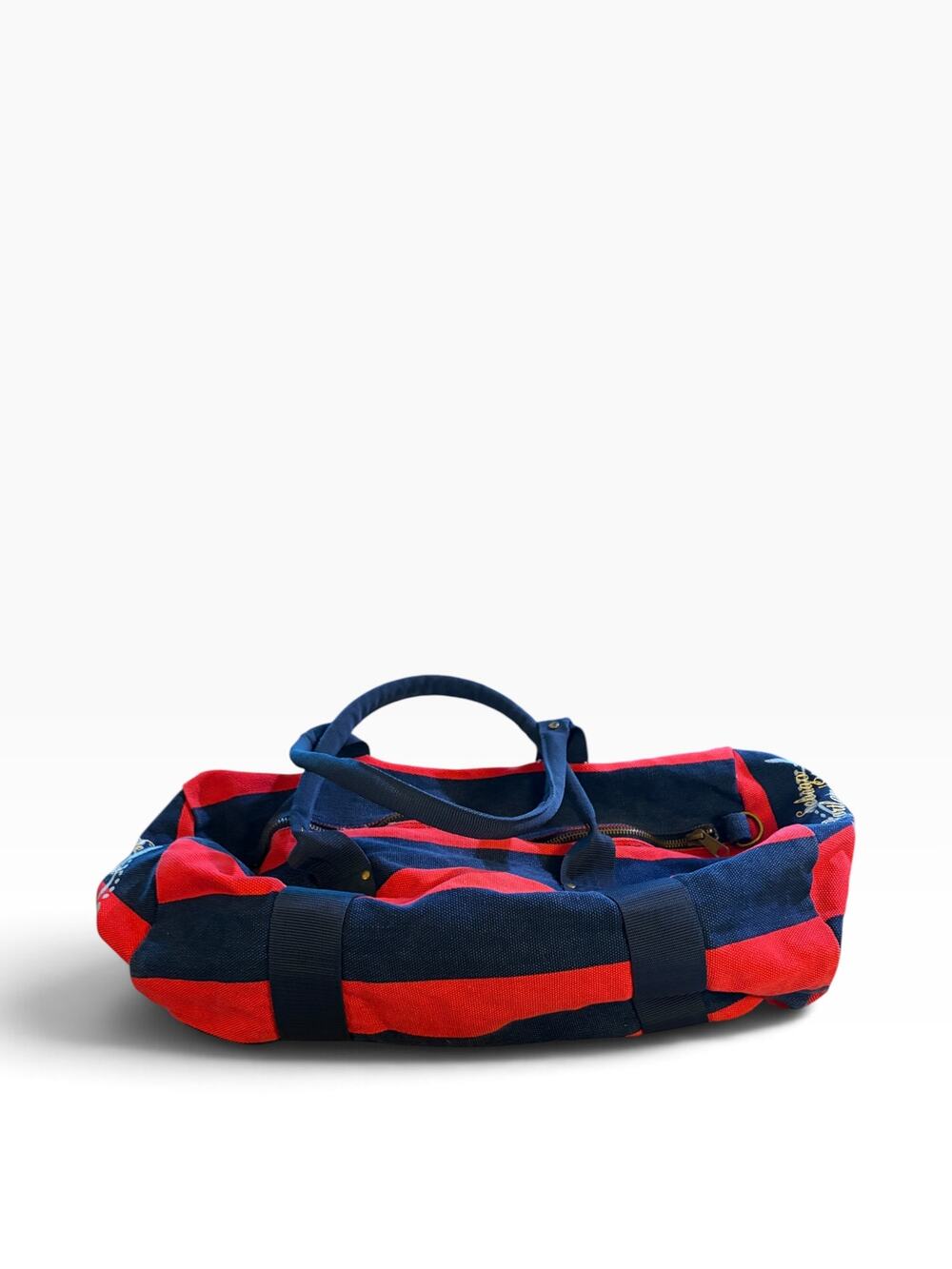 Vtg 90s Marlboro Unlimited Gear Nautical Compass Duffel Bag - Red & Navy Striped